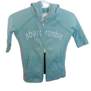 Y2K Abercrombie Kids Girl Embroidered Double Zip Hoodie Aqua 3/4 Sleeve Casual L